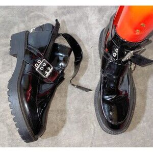 Boohoo Chunky Platform Boots Womens Size 8 Black Patent Leather Buckles